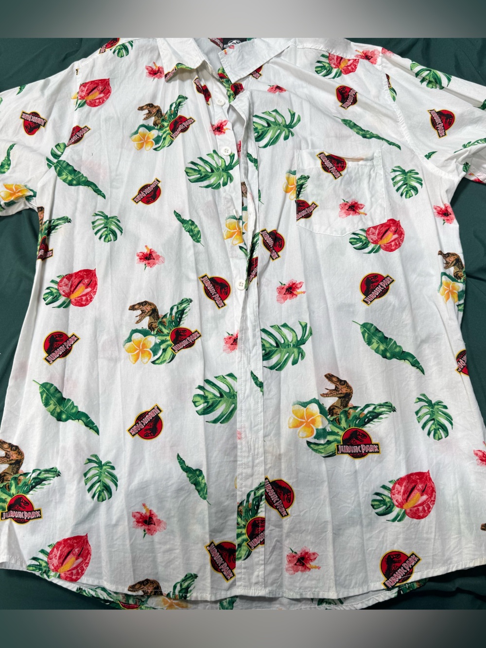 Jurassic Park White Tropical Print Short Sleeve Button-Down Shirt - Picture 3 of 6